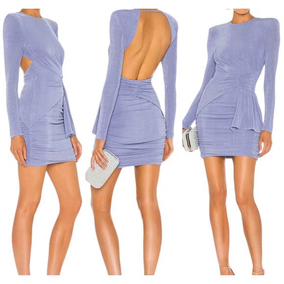 Misha NWT Evetta Ruched Bodycon Slinky Dress Heather Blue Size 10 Open Back - Picture 1 of 12